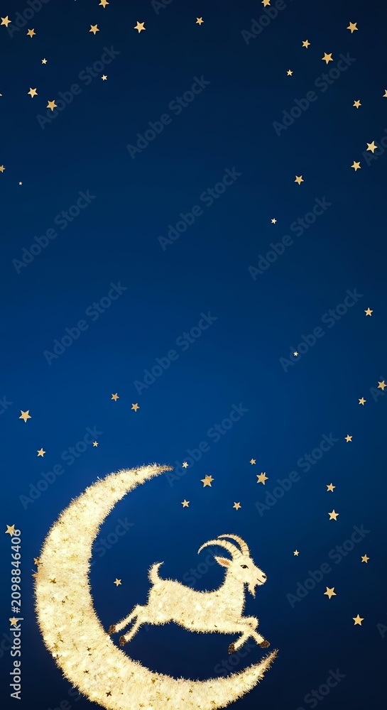 Fototapeta premium Goat jumping over glowing crescent moon against starry night sky, isolated on deep blue background for nursery decor, children's book illustration, greeting cards, and celestial-themed designs.