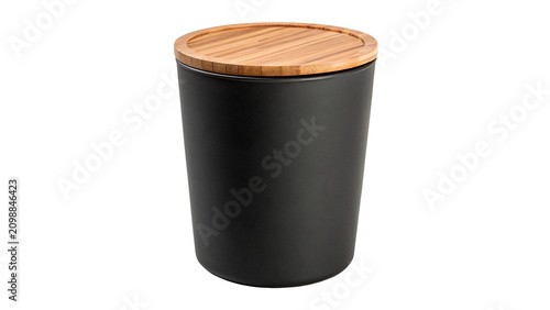 Photos Modern minimalist cylindrical black trash can bin with wooden lid isolated on tr