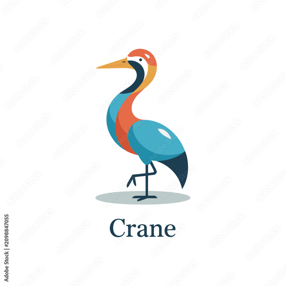 Obraz premium A stylized of a crane bird standing on one leg, featuring vibrant orange, blue, and yellow colors for artistic nature-themed