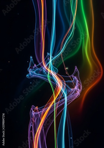 Vertical flowing multicolored light waves on black.