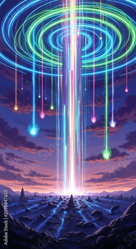 Vertical light beams falling from a cosmic portal.