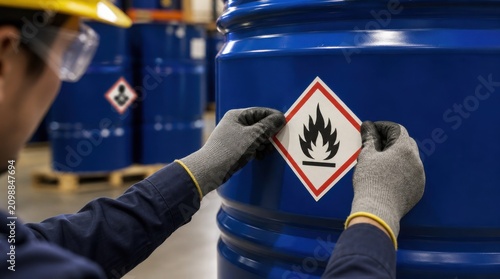 Worker wearing safety gear applies a flammable hazard label on a blue industrial chemical drum in a warehouse setting.