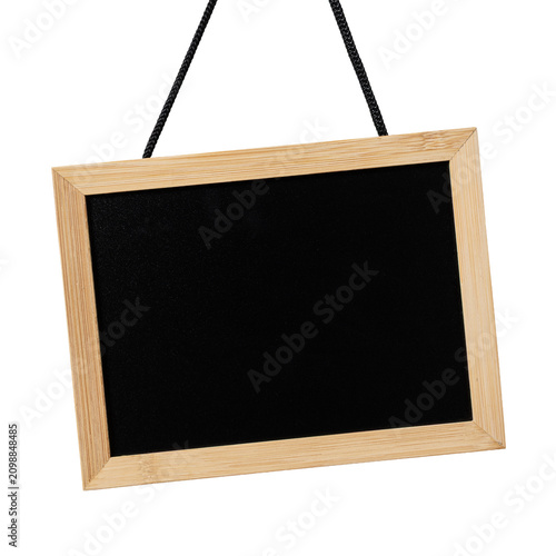 Blank blackboard with wooden frame hanging cut out. Template mockup