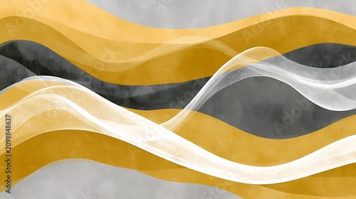 Abstract flowing waves of gold, black, and white against a textured gray background.