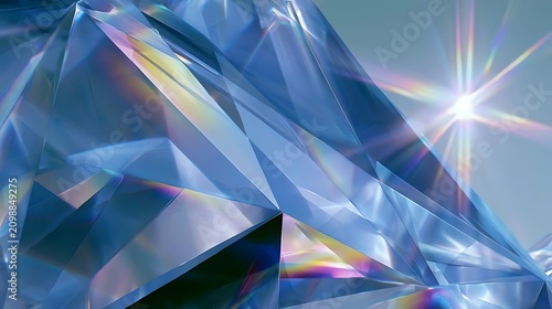 Close-up of a brilliant blue diamond with rainbow refractions and sparkling light.