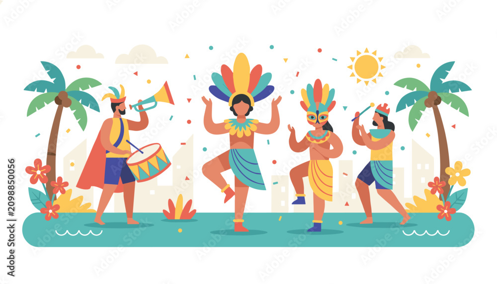 Fototapeta premium Colorful carnival dancers wearing festive feather headdresses perform with musical instruments on a tropical beach.