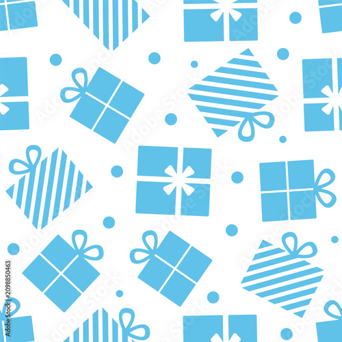 Seamless pattern of blue gift boxes with bows on a white background. Vector illustration