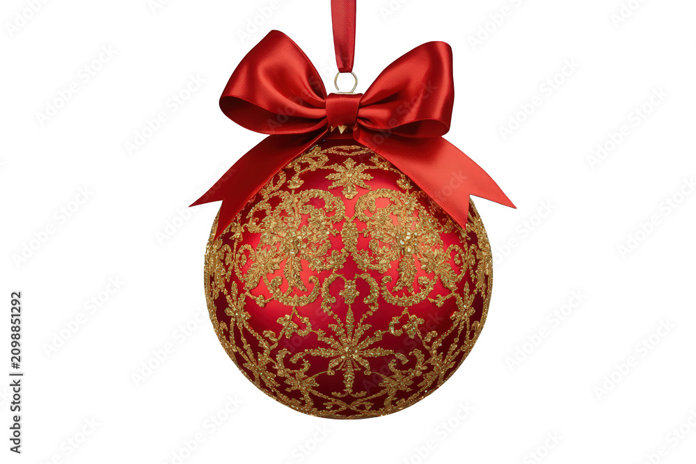 Fototapeta premium Christmas ornament red bauble with ornate gold glitter pattern and decorative red ribbon bow hanging, transparent background