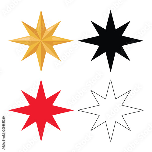Set of four eight-pointed stars in gold, black, red, and outline styles for and festive holiday decoration