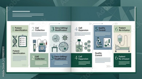 Genomic Therapy Workflow Board. A sleek editorial board shows a stepwise gene therapy workflow with stylized icons and calm color rhythm, framed like