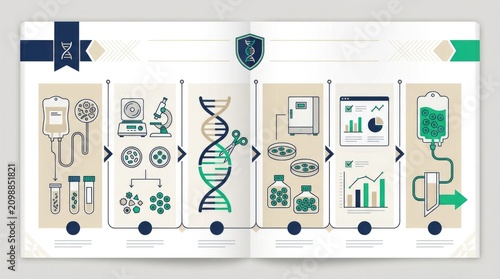 Genomic Therapy Informatics Board. A sleek infographic board with gene therapy workflow steps, stylized icons, and a calm color rhythm, framed like a