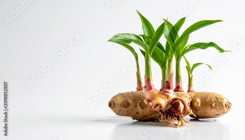 Fresh ginger root sprouting green shoots symbolizing growth, vitality, and natural regenerative energy.