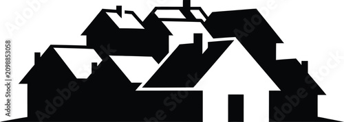 Tableau sur toile Black and white silhouette of a neighborhood with varied house rooflines