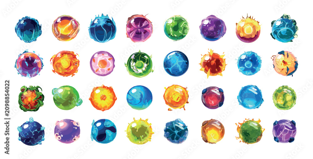 Obraz premium Sphere orb ball cartoon vector set. Magic spell round shiny liquid fire water crystal electricity ice earth energy power element ui game asset sign symbol icon object isolated on white