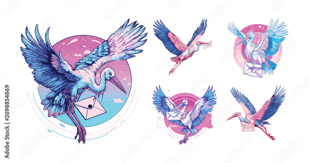Fototapeta premium Stork bird cartoon vector set. Animal fly wing beak feather letter envelope mail post delivery postman message communication character neon synthwave retro style flight sky nature fauna baby newborn