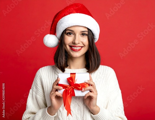 Woman in Santa hat holds Christmas gift, smiling warmly