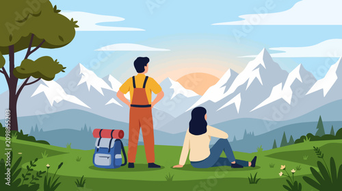 Travelers admiring scenic mountain landscape and sunrise or sunset