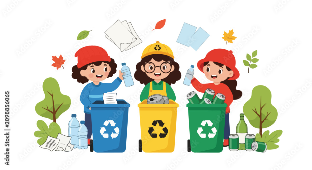 Fototapeta premium Three kids are actively participating in recycling by sorting paper, plastic bottles, and metal cans into color-coded bins in a park.