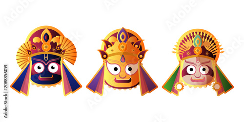 Fotografie Traditional Jagannath, Balabhadra and Subhadra deity icon set with ornate crowns and colorful decorative elements isolated on white background