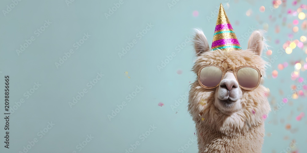 Fototapeta premium Llama wearing party hat and sunglasses on blue background with confetti