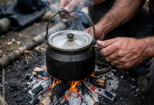 fire, cooking, pot, food, campfire, flame, camping, kettle, pan, bonfire, cook, hot, nature, camp, firewood, cauldron, kitchen, picnic