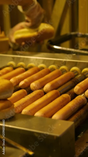 Vendor adds fried onions into hot dog bun while grilled sausages wait in foreground. Street food preparation unfolds in warm kitchen lighting with authentic fast food atmosphere.