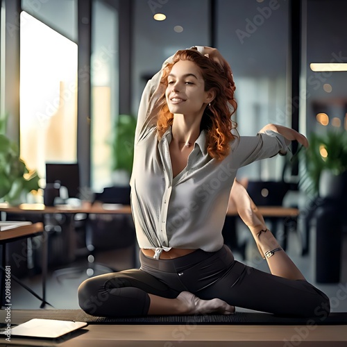 Woman in office does yoga, stretching gracefully