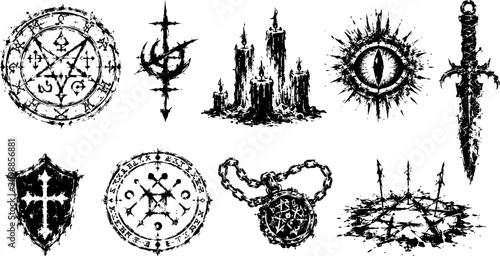 Occult monster hunter symbol set with ritual circles, candles, protective shield, amulet and dagger