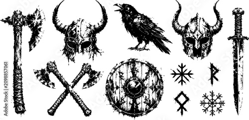 Viking warrior symbol collection with horned helmets, raven, battle axes, round shield, sword and Norse runes