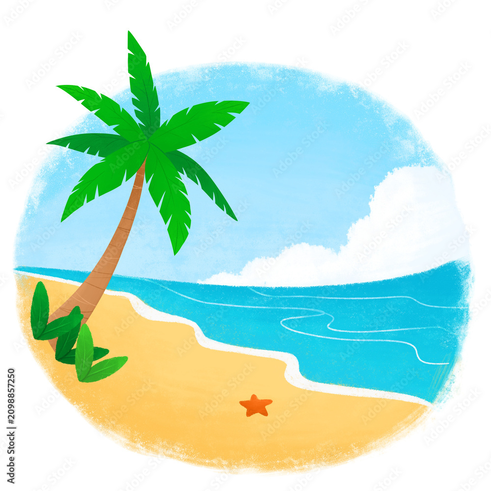Naklejka premium Cartoon Tropical Beach Landscape Summer Illustration