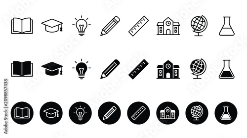 Set of black and white vector education icons featuring school supplies and academic learning symbols