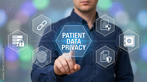 Man pointing to patient data privacy and corporate medical security network icon