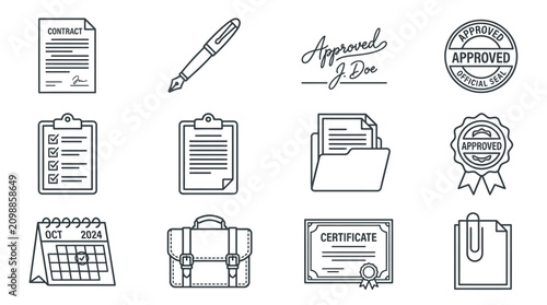 A comprehensive collection of office administration symbols depicting legal contracts and corporate filing systems helps professionals manage various daily tasks regarding document verification