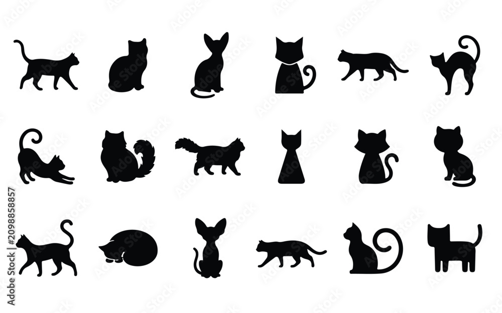 Fototapeta premium Collection of feline silhouettes in diverse poses against a clean white background for graphic design