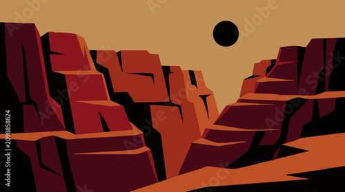 Minimalist vector illustration of a desert canyon landscape with red rock formations