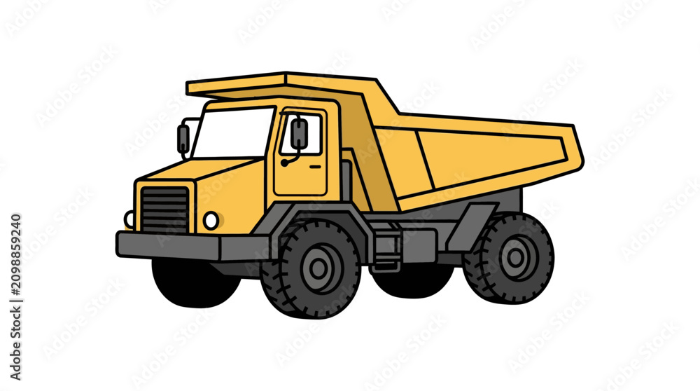 Naklejka premium A sturdy yellow dump truck vehicle performs heavy duty transport tasks at a busy construction site to move loose materials like dirt and rocks for massive civil engineering projects every single