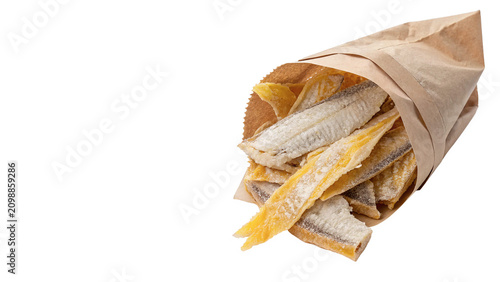 Bild auf Leinwand Crusty baked grissini breadsticks in craft paper bag grocery bakery product isol
