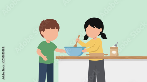 Children baking together in a kitchen, flat vector art