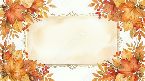 Autumn leaves and berries frame an ornate rectangular border with decorative corners on cream background, suitable for fall seasonal designs, invitations, and greeting cards.