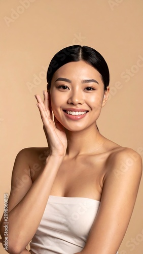 Woman with radiant skin, soft smile, light backdrop