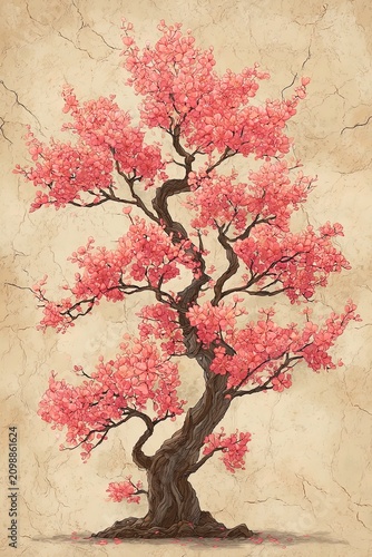Japanese cherry tree inspired by surreal style with vintage Japanese poster art. Ai Generative