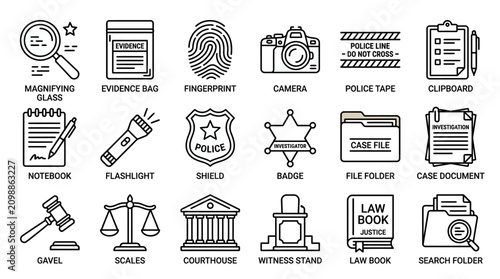 A comprehensive collection of law enforcement and criminal investigation symbols represents various forensic tools and judicial authority markers for professional use within legal industry
