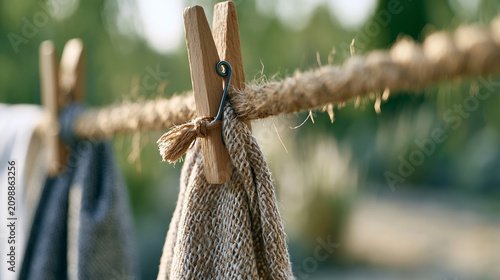 Wooden clothespins holding rustic linen towels hanging on a thick rope clothesline outdoors.