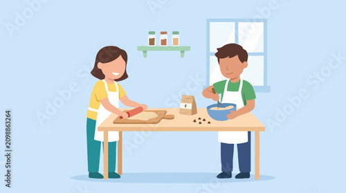 Happy children baking together in a kitchen, rolling dough and mixing
