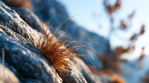 Close up of dry yellow grass growing on a rocky mountain slope against a blue sky.