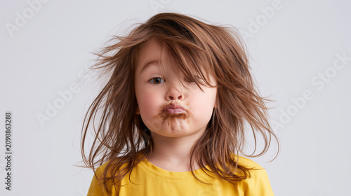 Portrait of a messy little girl with chocolate around her mouth making a funny face.