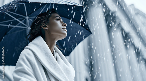Beautiful young woman in a white coat and holding a black umbrella looking up during a heavy rain in the city.