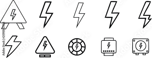 Electrical hazard and warning icons set black and white line art