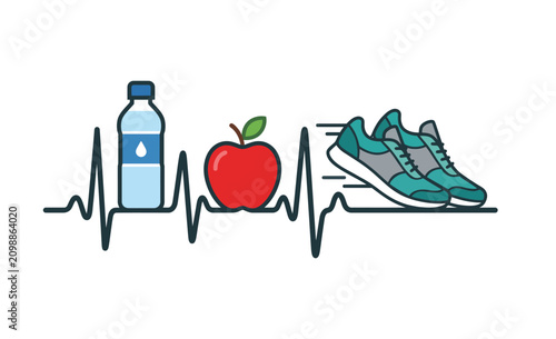 Healthy Lifestyle Concept with Heartbeat Line Featuring Water Bottle Apple and Athletic Running Shoes for Fitness
