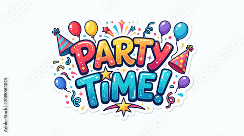 Vibrant and colorful text phrase declaring party time features cheerful confetti and festive balloons to help promote social gatherings or celebratory events for people who enjoy planning